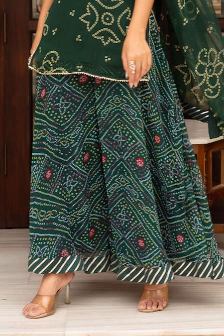 Shop_Pomcha Jaipur_Green Georgette Embroidery, Beads Square Neck Bandhej Short Kurta Palazzo Set _Online_at_Aza_Fashions