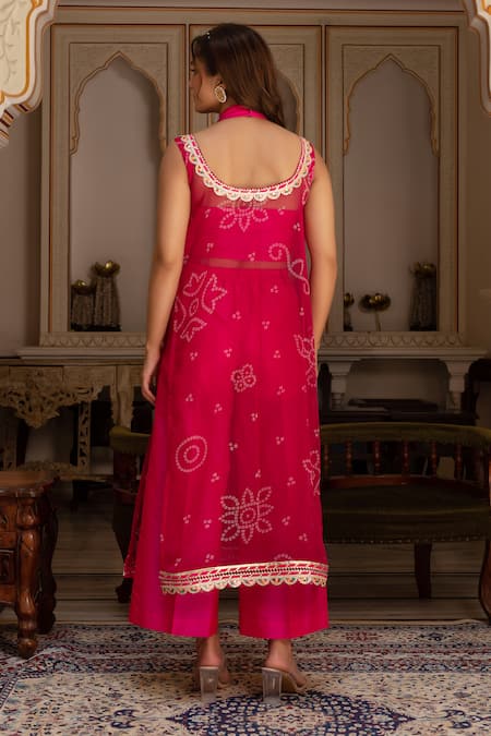 Shop_Pomcha Jaipur_Pink Georgette, Taffeta Embroidery Round Neck Bandhej Kurta Pant Set _at_Aza_Fashions