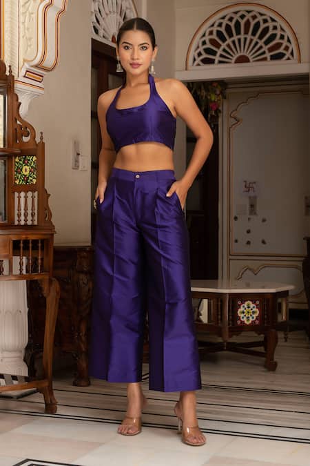 Pomcha Jaipur_Purple Georgette, Taffeta, Silk Embroidery Round Neck Bandhej Kurta Set _Online_at_Aza_Fashions