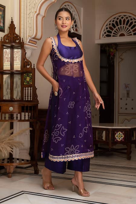 Shop_Pomcha Jaipur_Purple Georgette, Taffeta, Silk Embroidery Round Neck Bandhej Kurta Set _Online_at_Aza_Fashions
