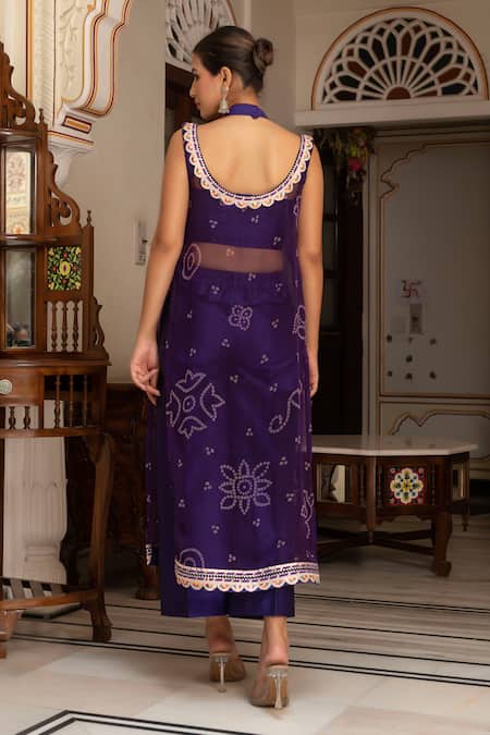 Shop_Pomcha Jaipur_Purple Georgette, Taffeta, Silk Embroidery Round Neck Bandhej Kurta Set _at_Aza_Fashions