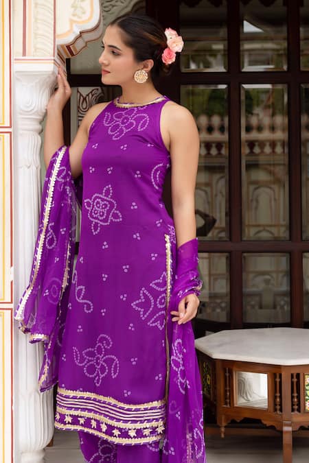 Shop_Pomcha Jaipur_Purple Georgette Gota Patti, Embroidery Round Neck Bandhej Kurta Set _Online_at_Aza_Fashions