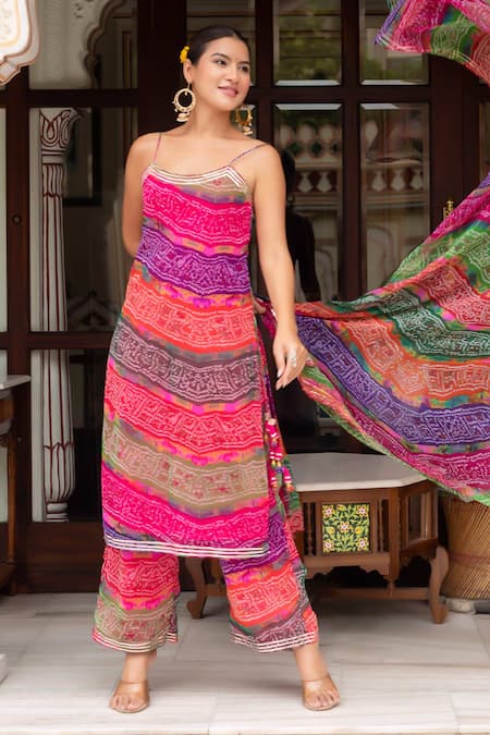 Pomcha Jaipur Multi Color Georgette, Cotton Gota Patti Round Neck Bandhej Kurta Set Online at Aza Fashions Pomcha Jaipur_Multi Color Georgette, Cotton Gota Patti Round Neck Bandhej Kurta Set _Online_at_Aza_Fashions