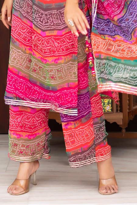 Buy Pomcha Jaipur Multi Color Georgette, Cotton Gota Patti Round Neck Bandhej Kurta Set Online at Aza Fashions Buy_Pomcha Jaipur_Multi Color Georgette, Cotton Gota Patti Round Neck Bandhej Kurta Set _Online_at_Aza_Fashions