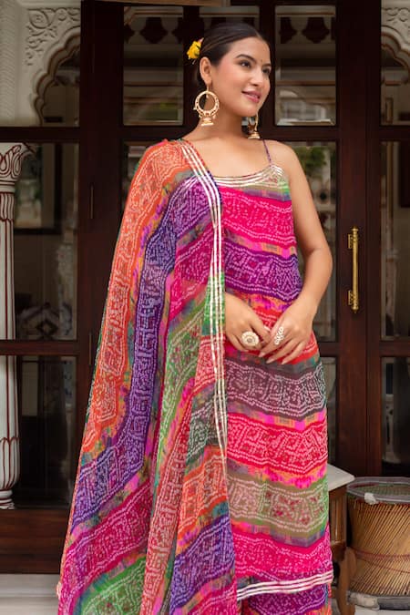 Shop Pomcha Jaipur Multi Color Georgette, Cotton Gota Patti Round Neck Bandhej Kurta Set Online at Aza Fashions Shop_Pomcha Jaipur_Multi Color Georgette, Cotton Gota Patti Round Neck Bandhej Kurta Set _Online_at_Aza_Fashions