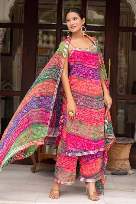 Buy Pomcha Jaipur Multi Color Georgette, Cotton Gota Patti Round Neck Bandhej Kurta Set Buy_Pomcha Jaipur_Multi Color Georgette, Cotton Gota Patti Round Neck Bandhej Kurta Set