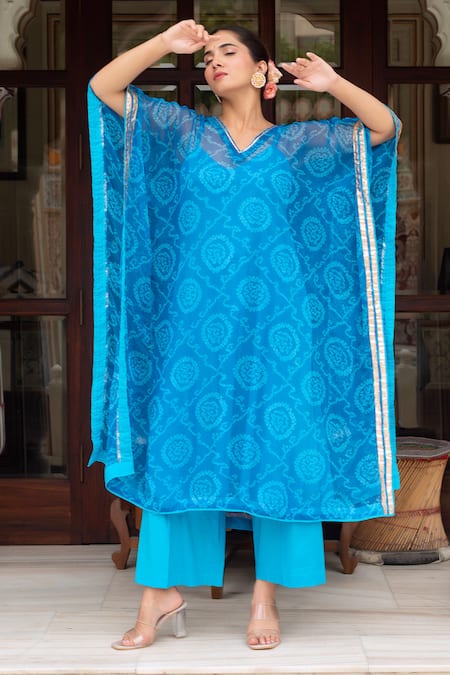 Buy_Pomcha Jaipur_Blue Georgette, Cotton V-neck Bandhej Kaftan With Pant _Online_at_Aza_Fashions