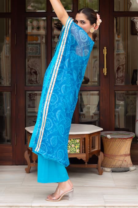 Shop_Pomcha Jaipur_Blue Georgette, Cotton V-neck Bandhej Kaftan With Pant _Online_at_Aza_Fashions