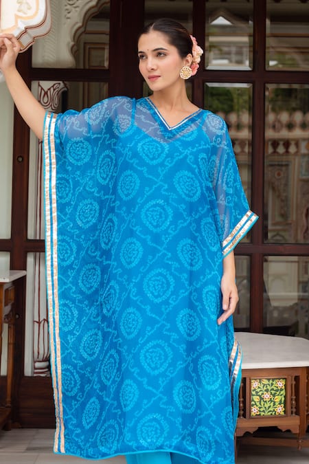 Pomcha Jaipur_Blue Georgette, Cotton V-neck Bandhej Kaftan With Pant _at_Aza_Fashions