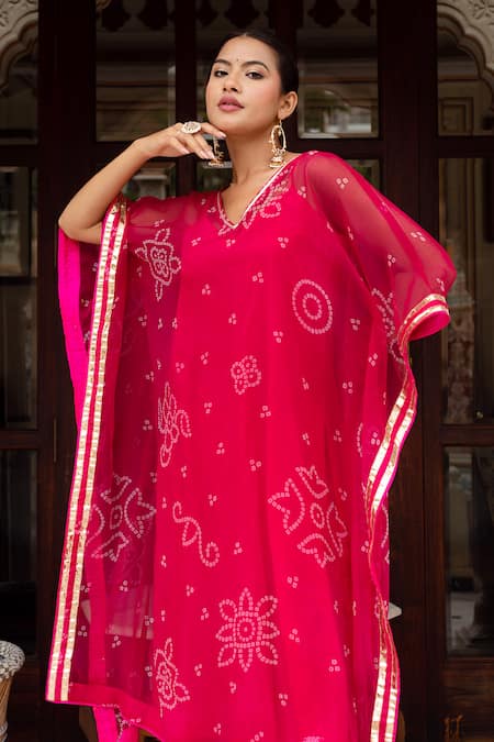 Pomcha Jaipur_Pink Georgette, Cotton Embroidery V-neck Bandhej Kaftan With Pant _Online_at_Aza_Fashions