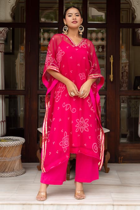 Pomcha Jaipur Pink Georgette, Cotton Embroidery V-neck Bandhej Kaftan With Pant 