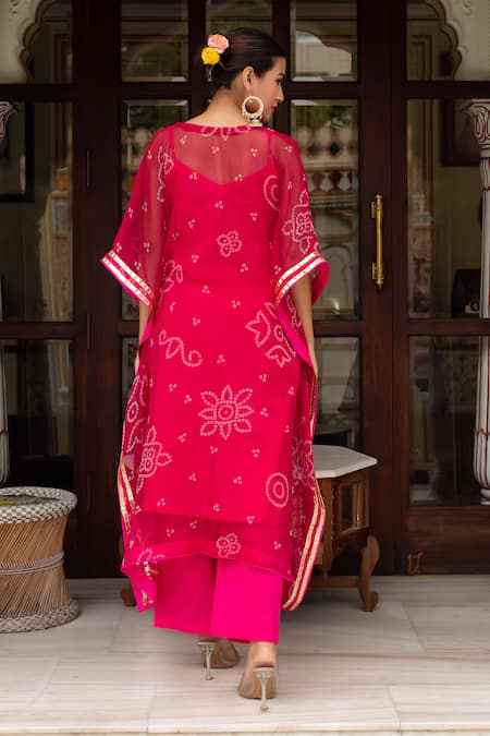 Shop_Pomcha Jaipur_Pink Georgette, Cotton Embroidery V-neck Bandhej Kaftan With Pant _at_Aza_Fashions