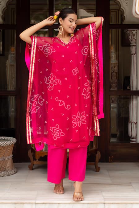 Shop_Pomcha Jaipur_Pink Georgette, Cotton Embroidery V-neck Bandhej Kaftan With Pant _Online_at_Aza_Fashions