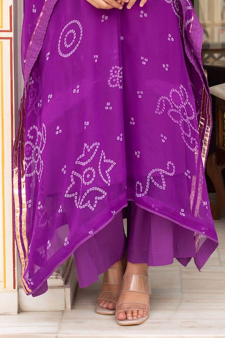 Pomcha Jaipur_Purple Georgette, Cotton Embroidery V-neck Bandhej Kaftan With Pant _Online_at_Aza_Fashions