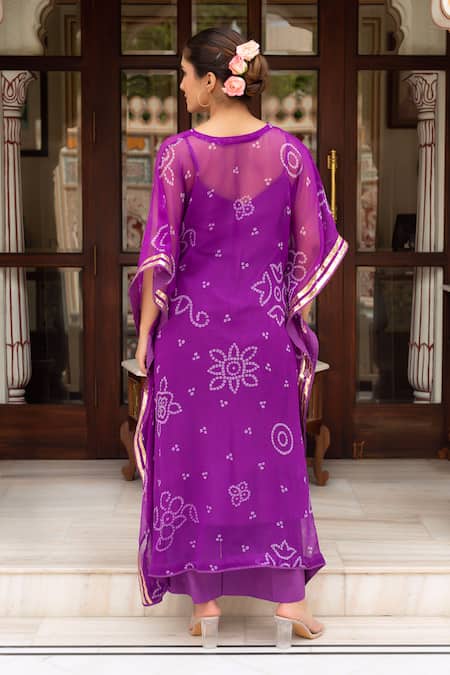 Pomcha Jaipur Bandhej Purple Kaftan With Cotton Pant 