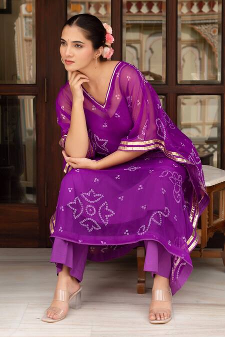 Buy_Pomcha Jaipur_Purple Georgette, Cotton Embroidery V-neck Bandhej Kaftan With Pant _Online_at_Aza_Fashions