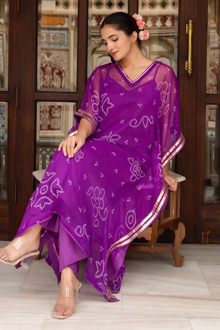 Pomcha Jaipur_Purple Georgette, Cotton Embroidery V-neck Bandhej Kaftan With Pant _at_Aza_Fashions