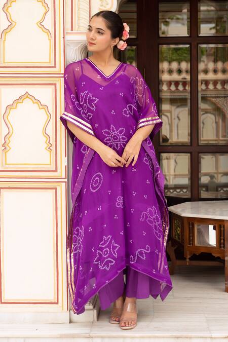 Buy_Pomcha Jaipur_Purple Georgette, Cotton Embroidery V-neck Bandhej Kaftan With Pant 