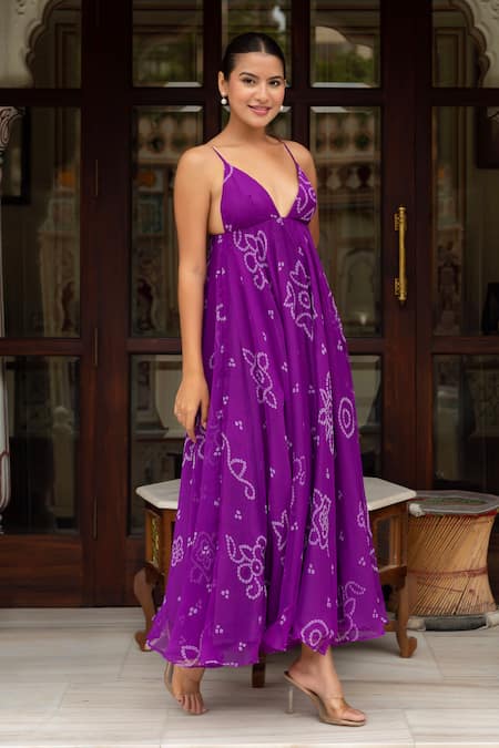 Buy Pomcha Jaipur Purple Georgette Embroidery V-neck Bandhej Dress Online at Aza Fashions Buy_Pomcha Jaipur_Purple Georgette Embroidery V-neck Bandhej Dress _Online_at_Aza_Fashions