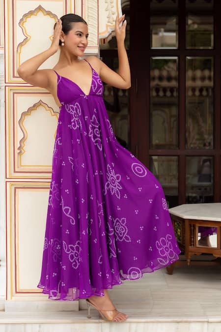 Shop Pomcha Jaipur Purple Georgette Embroidery V-neck Bandhej Dress Online at Aza Fashions Shop_Pomcha Jaipur_Purple Georgette Embroidery V-neck Bandhej Dress _Online_at_Aza_Fashions