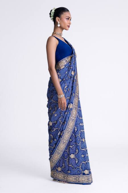 Naina Jain_Blue Georgette Embroidery Banarasi Bandhani Saree With Unstitched Blouse Fabric _Online_at_Aza_Fashions