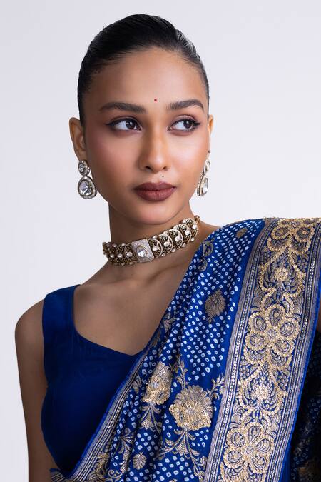 Buy_Naina Jain_Blue Georgette Embroidery Banarasi Bandhani Saree With Unstitched Blouse Fabric _Online_at_Aza_Fashions