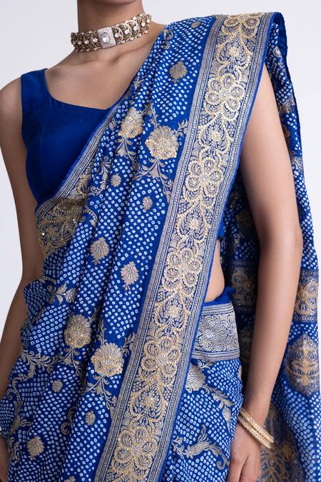 Shop_Naina Jain_Blue Georgette Embroidery Banarasi Bandhani Saree With Unstitched Blouse Fabric _Online_at_Aza_Fashions