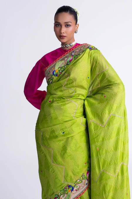 Buy_Naina Jain_Lime Silk Sequins Bandhani Saree With Unstitched Blouse Fabric _Online_at_Aza_Fashions