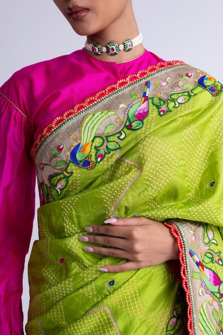 Shop_Naina Jain_Lime Silk Sequins Bandhani Saree With Unstitched Blouse Fabric _Online_at_Aza_Fashions