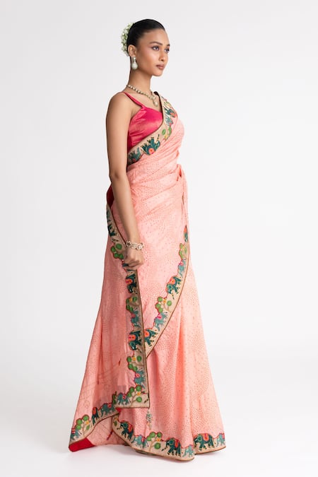 Naina Jain_Peach Silk Embroidery Bandhani Saree With Unstitched Blouse Fabric _Online_at_Aza_Fashions