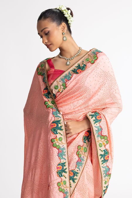 Buy_Naina Jain_Peach Silk Embroidery Bandhani Saree With Unstitched Blouse Fabric _Online_at_Aza_Fashions
