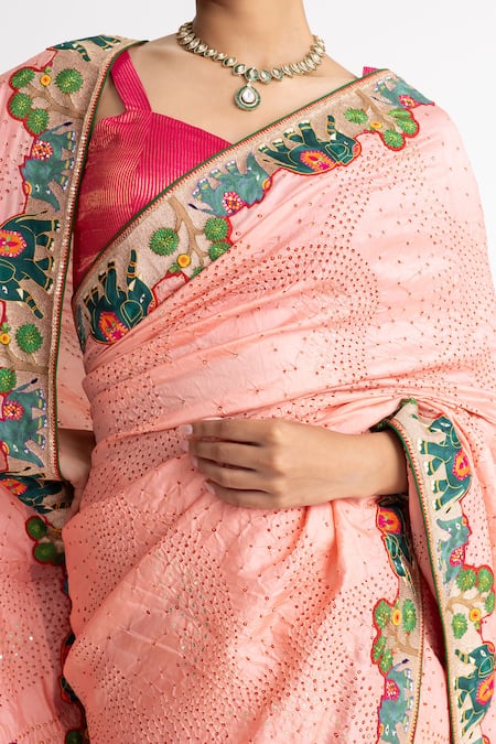 Shop_Naina Jain_Peach Silk Embroidery Bandhani Saree With Unstitched Blouse Fabric _Online_at_Aza_Fashions