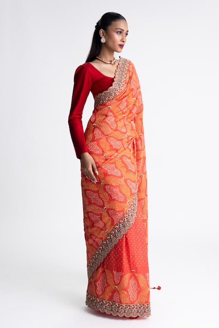 Buy_Naina Jain_Orange Silk Zari Bandhani Saree With Unstitched Blouse Fabric _Online_at_Aza_Fashions