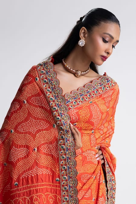 Shop_Naina Jain_Orange Silk Zari Bandhani Saree With Unstitched Blouse Fabric _Online_at_Aza_Fashions