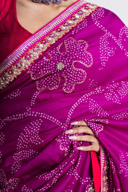 Naina Jain_Magenta Silk Embroidery Bandhani Saree With Unstitched Blouse Fabric _Online_at_Aza_Fashions