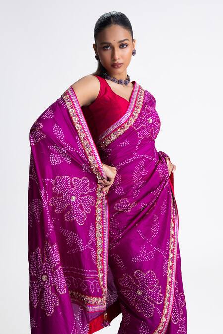Buy_Naina Jain_Magenta Silk Embroidery Bandhani Saree With Unstitched Blouse Fabric _Online_at_Aza_Fashions
