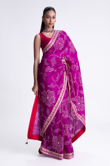 Shop_Naina Jain_Magenta Silk Embroidery Bandhani Saree With Unstitched Blouse Fabric _Online_at_Aza_Fashions