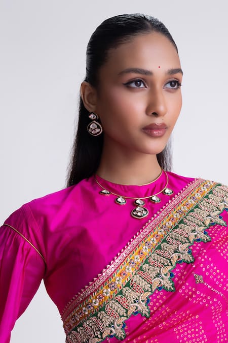 Buy_Naina Jain_Pink Silk Zari Bandhani Saree With Unstitched Blouse Fabric _Online_at_Aza_Fashions