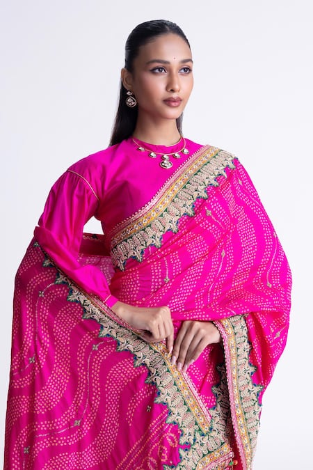 Shop_Naina Jain_Pink Silk Zari Bandhani Saree With Unstitched Blouse Fabric _Online_at_Aza_Fashions