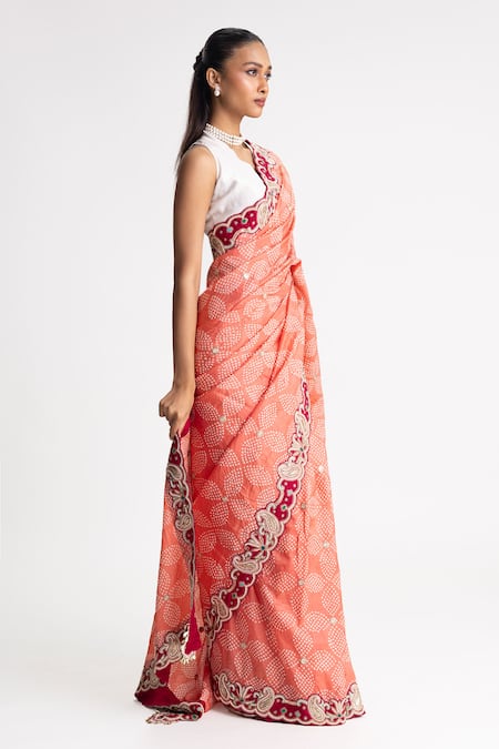 Naina Jain_Peach Silk Pearls Bandhani Work Saree With Unstitched Blouse Fabric _Online_at_Aza_Fashions
