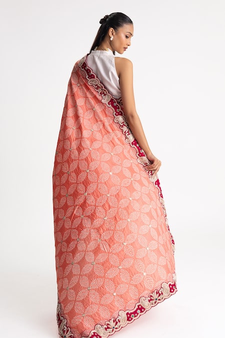 Naina Jain Peach Bandhani Silk Pearl Work Saree With Unstitched Blouse Fabric 
