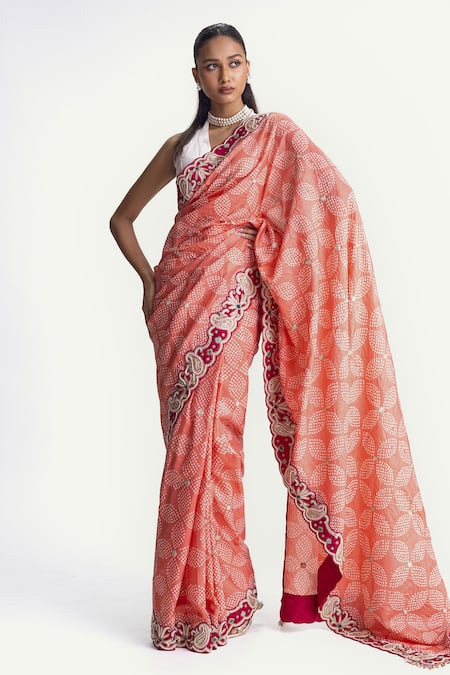 Naina Jain Peach Bandhani Silk Pearl Work Saree With Unstitched Blouse Fabric