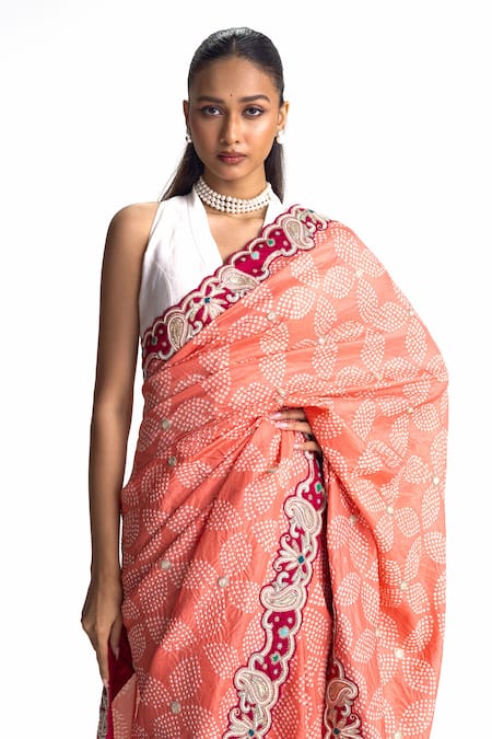 Buy_Naina Jain_Peach Silk Pearls Bandhani Work Saree With Unstitched Blouse Fabric _Online_at_Aza_Fashions