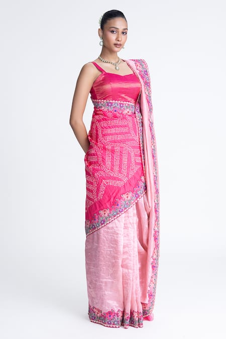 Shop_Naina Jain_Pink Tissue, Silk Embroidery Metallic Saree With Unstitched Blouse Fabric _Online_at_Aza_Fashions