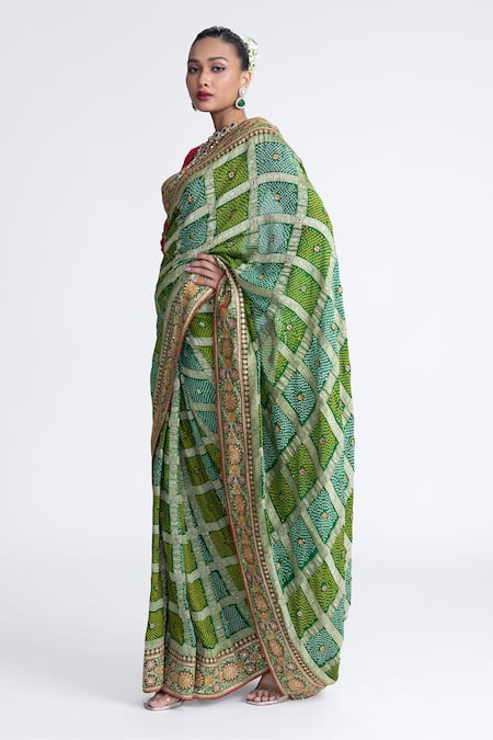 Naina Jain_Green Georgette Gharchola Banarasi Saree With Unstitched Blouse Fabric _Online_at_Aza_Fashions