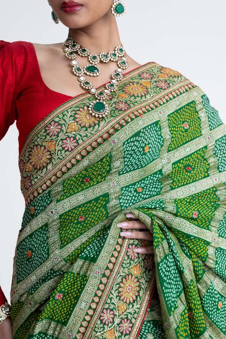 Buy_Naina Jain_Green Georgette Gharchola Banarasi Saree With Unstitched Blouse Fabric _Online_at_Aza_Fashions