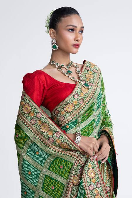 Shop_Naina Jain_Green Georgette Gharchola Banarasi Saree With Unstitched Blouse Fabric _Online_at_Aza_Fashions
