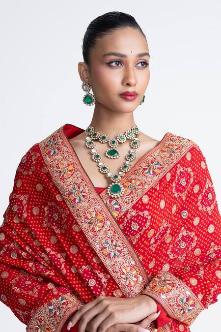 Buy_Naina Jain_Red Georgette Zari Banarasi Bandhani Saree With Unstitched Blouse Fabric _Online_at_Aza_Fashions