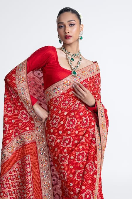Shop_Naina Jain_Red Georgette Zari Banarasi Bandhani Saree With Unstitched Blouse Fabric _Online_at_Aza_Fashions