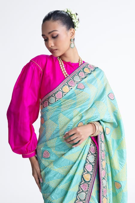 Buy_Naina Jain_Green Silk Embroidery Bandhani Saree With Unstitched Blouse Fabric _Online_at_Aza_Fashions